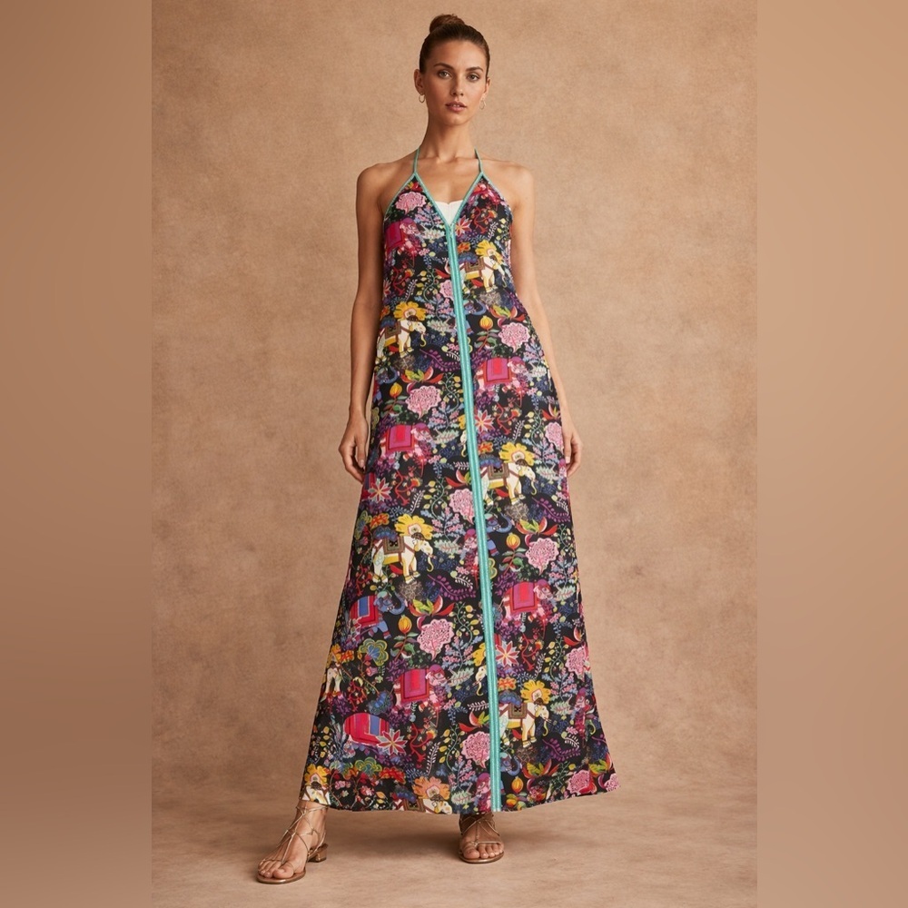 Floral Halter Maxi Dress with Center Zip in Multicolor